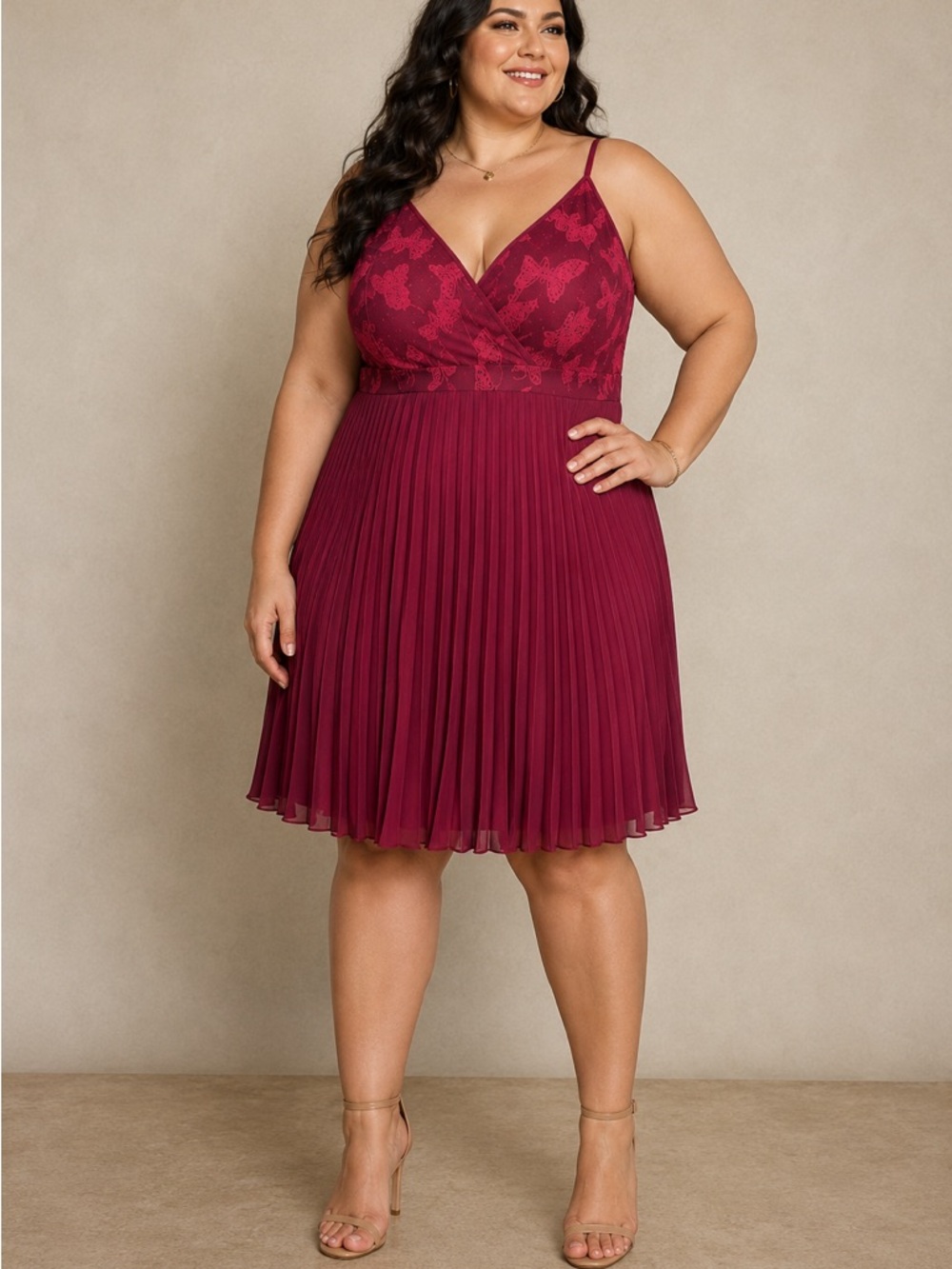Woman’s SHEIN Curve babydoll butterfly and pleated burgundy dress size 4XL